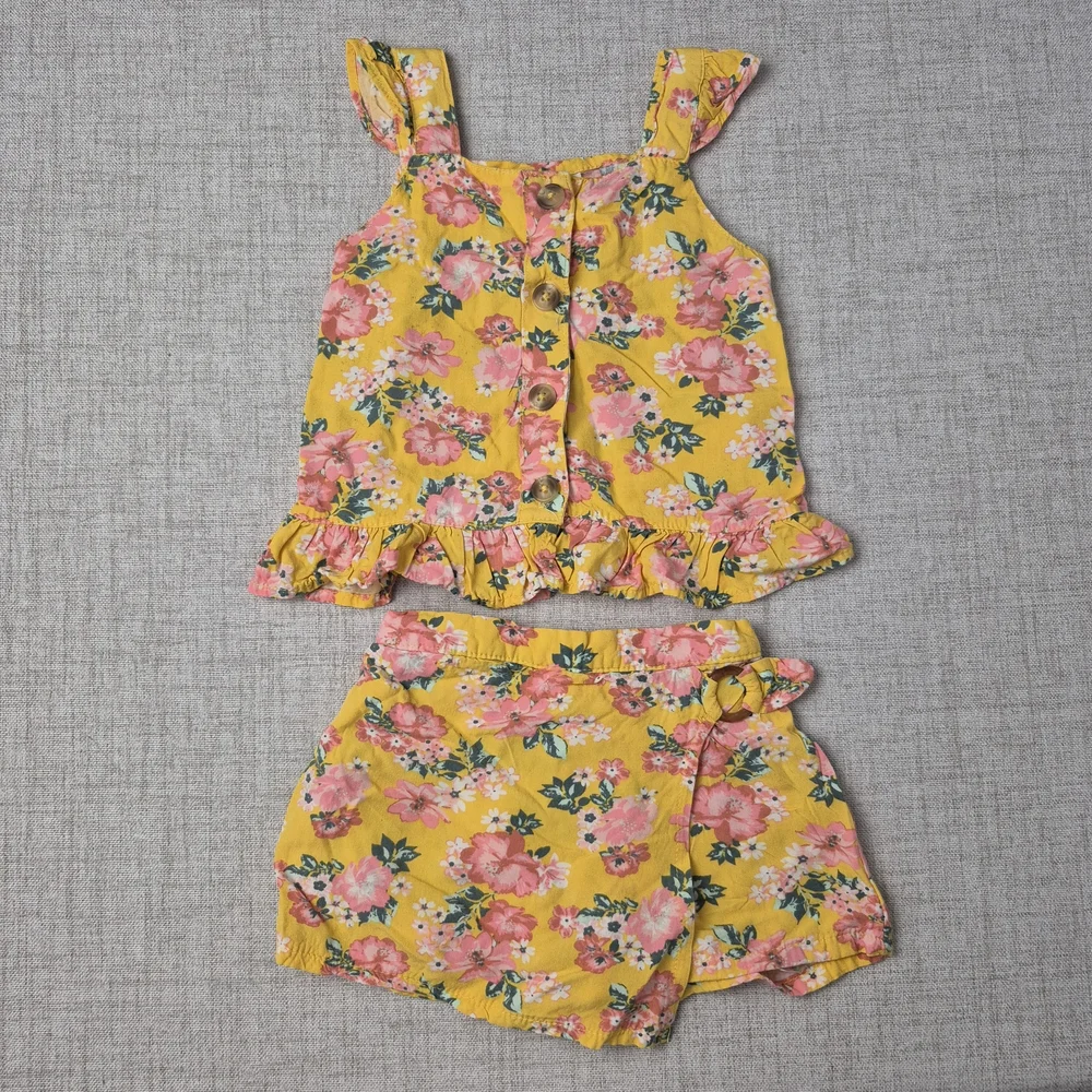 Little Lass Floral 2-Piece Skort Set Yellow Pink 24M Spring Summer Outfit - Picture 2 of 12
